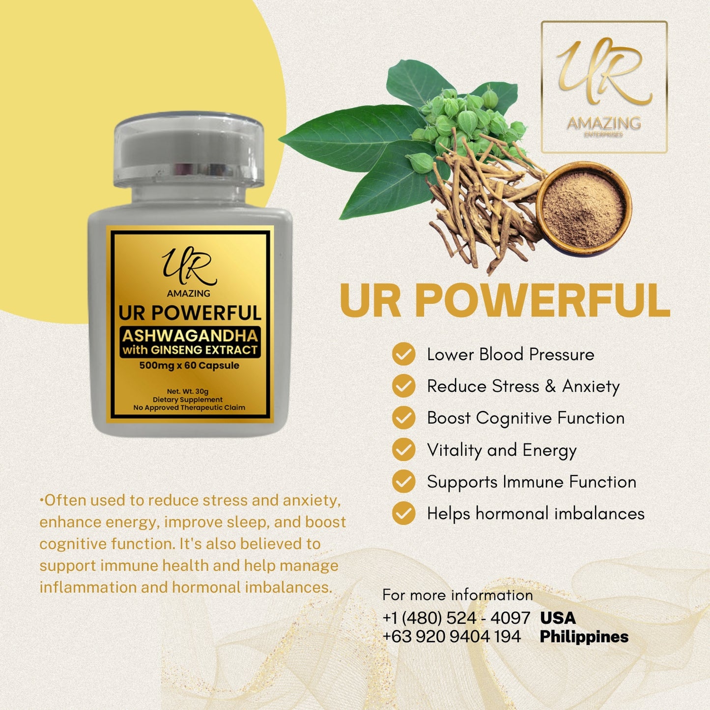 UR POWERFUL Ashwagandha with Ginseng Extract Capsules (500mg x 60 capsule)